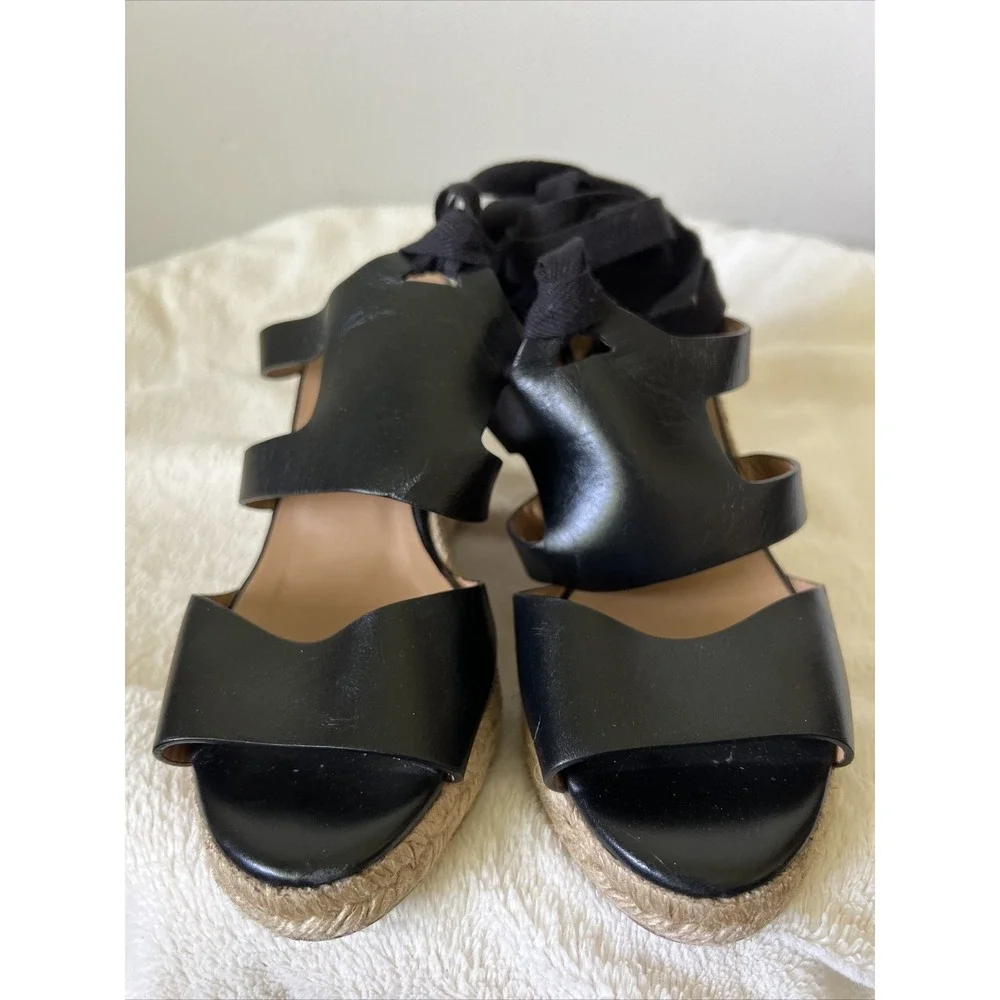 Castaner Black Leather Espadrille Wedge Heel Sandal Shoes Size 37